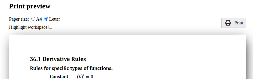 screenshot of the "print preview" page for a handout in PreTeXt