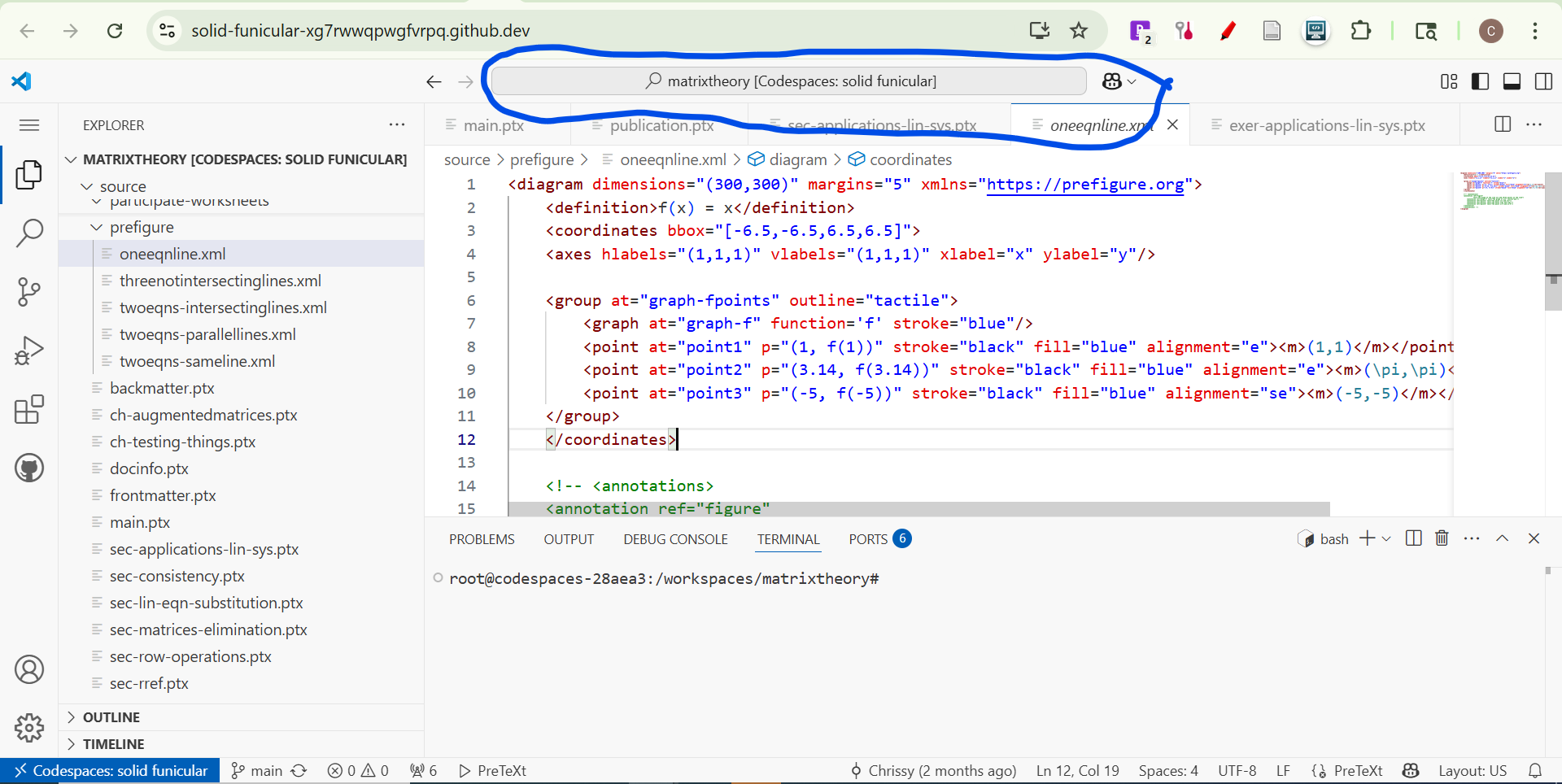 picture showing nav bar circled in codespaces