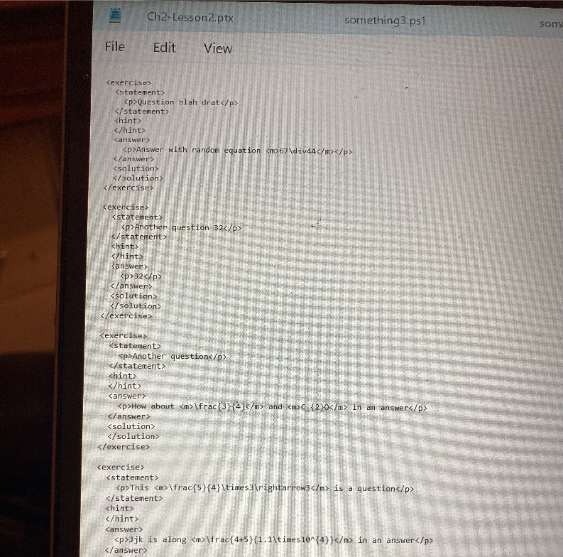 after conversion, the same sample exercises formatted in PreTeXt
