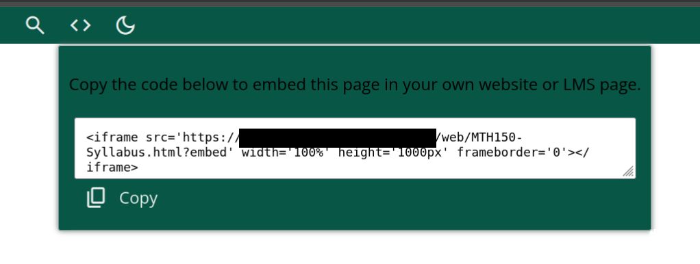 Box on a website that says "Copy the code below to embed this page in your own website or LMS page." It is followed by `<iframe></iframe>` with for the syllabus page.